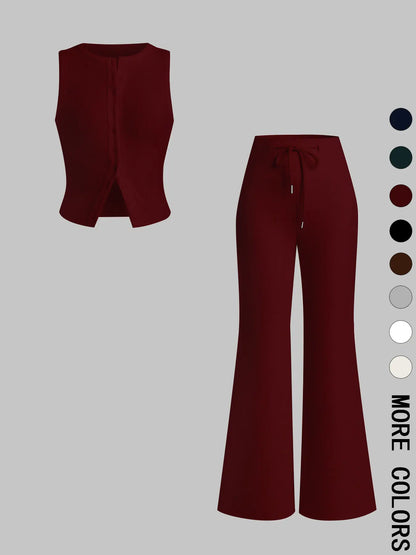 Women'S Casual Summer Plain Color Sleeveless Top & Wide Leg Drawstring Pants Set, Slim-Fit Design, Comfortable Knit Fabric, Perfect for Daily Wear, Womenswear