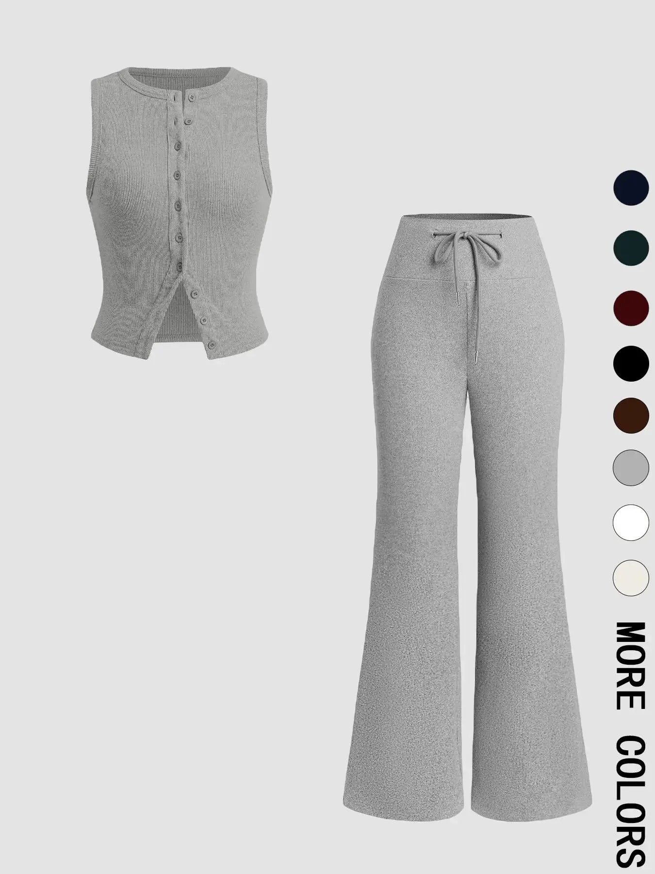 Women'S Casual Summer Plain Color Sleeveless Top & Wide Leg Drawstring Pants Set, Slim-Fit Design, Comfortable Knit Fabric, Perfect for Daily Wear, Womenswear