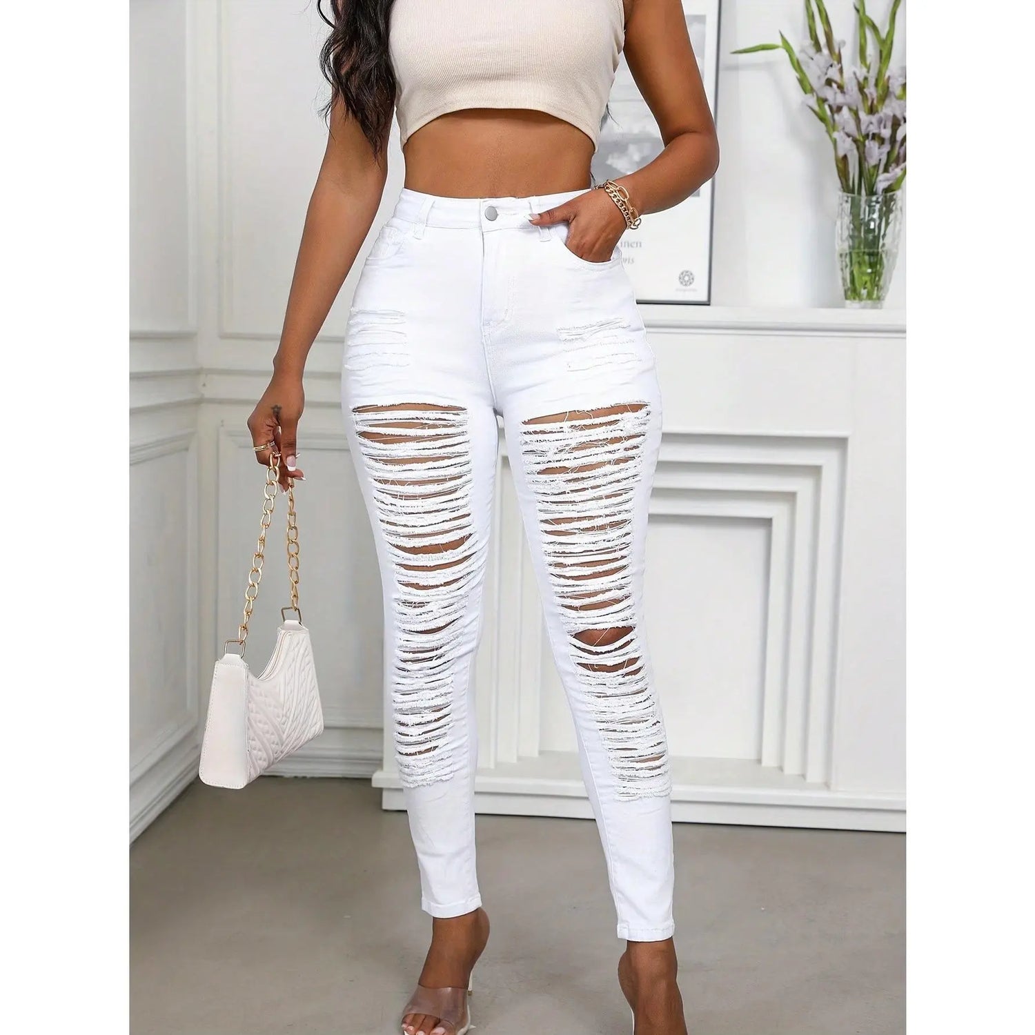 Women Sexyshine Women'S High Waisted Skinny Destroyed Ripped Hole Denim Pants Long Stretch Pencil Jeans for Women Womenswear Springstatements
