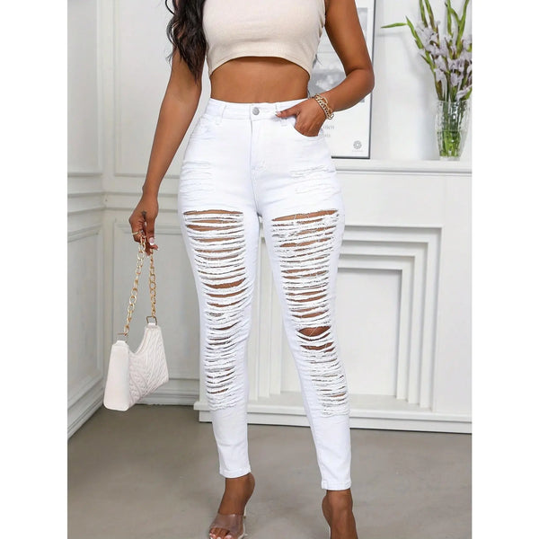 Women Sexyshine Women'S High Waisted Skinny Destroyed Ripped Hole Denim Pants Long Stretch Pencil Jeans for Women Womenswear Springstatements