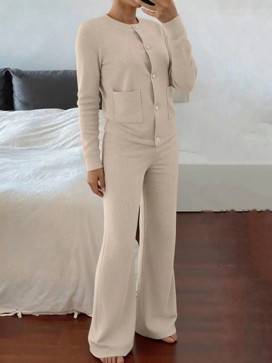 Women'S Comfortable Casual Fit Knitted round Neck Button Front Cardigan Set with Pockets, Wide Leg Pants, Perfect for Daily Wear