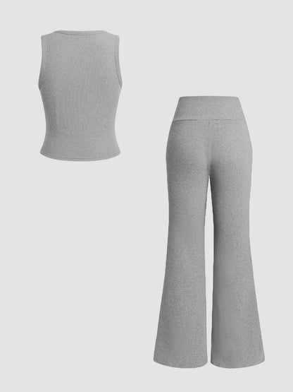 Women'S Casual Summer Plain Color Sleeveless Top & Wide Leg Drawstring Pants Set, Slim-Fit Design, Comfortable Knit Fabric, Perfect for Daily Wear, Womenswear