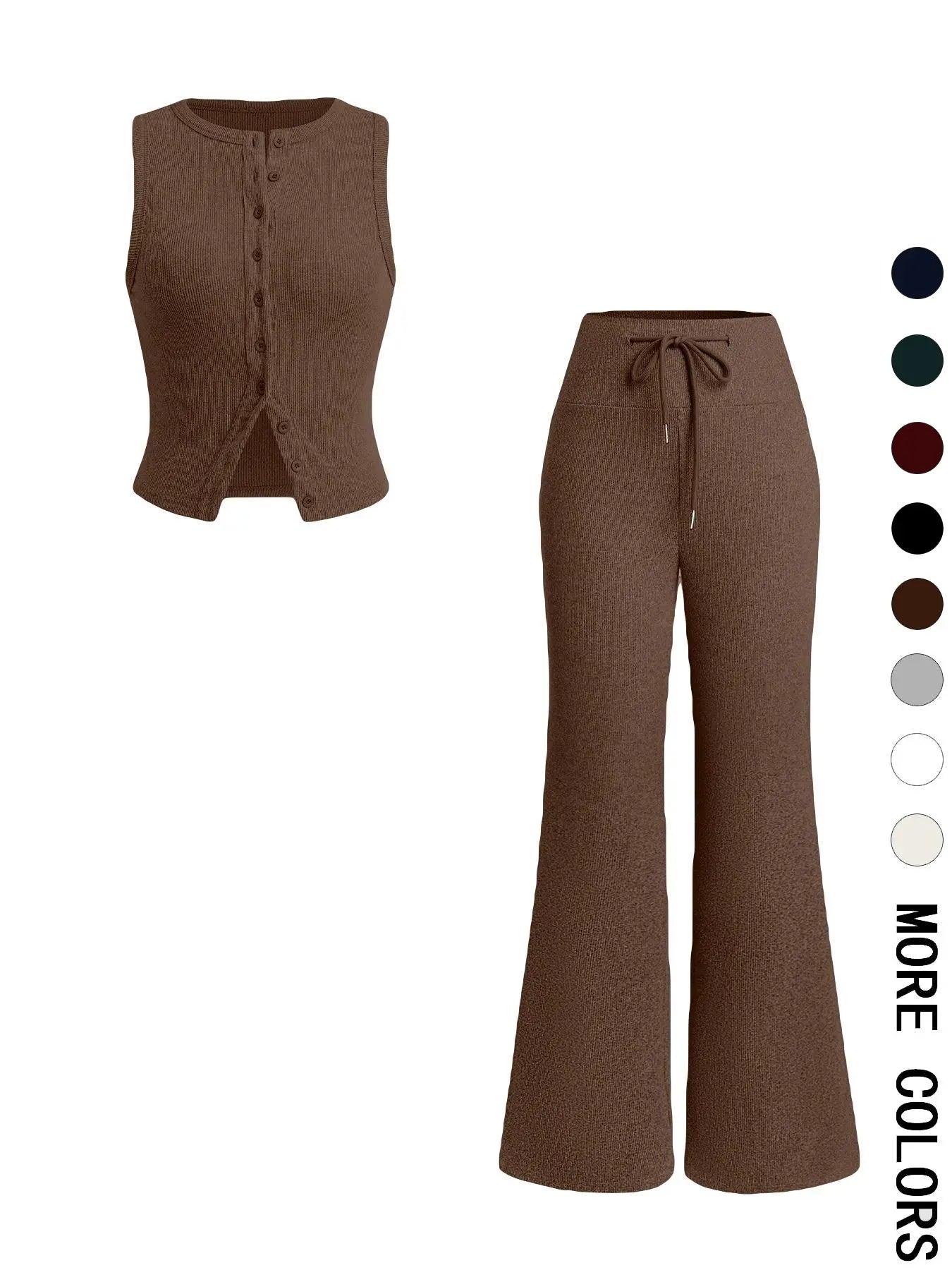 Women'S Casual Summer Plain Color Sleeveless Top & Wide Leg Drawstring Pants Set, Slim-Fit Design, Comfortable Knit Fabric, Perfect for Daily Wear, Womenswear